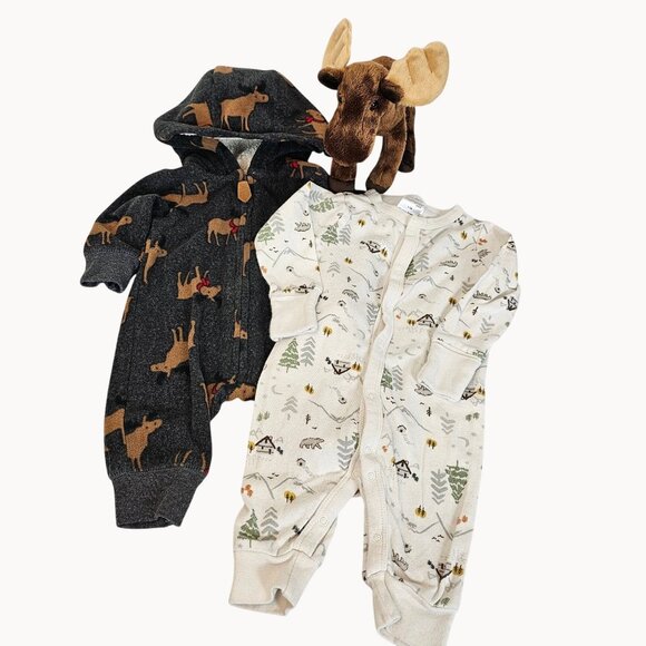 Cute Moose Plushie + One Piece Set Bodysuits Campground Canada Camping Newborn - Picture 1 of 16